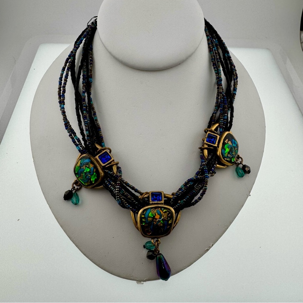 Vintage Chico's Black and Gold Beaded Necklace with Blue and Green Accents